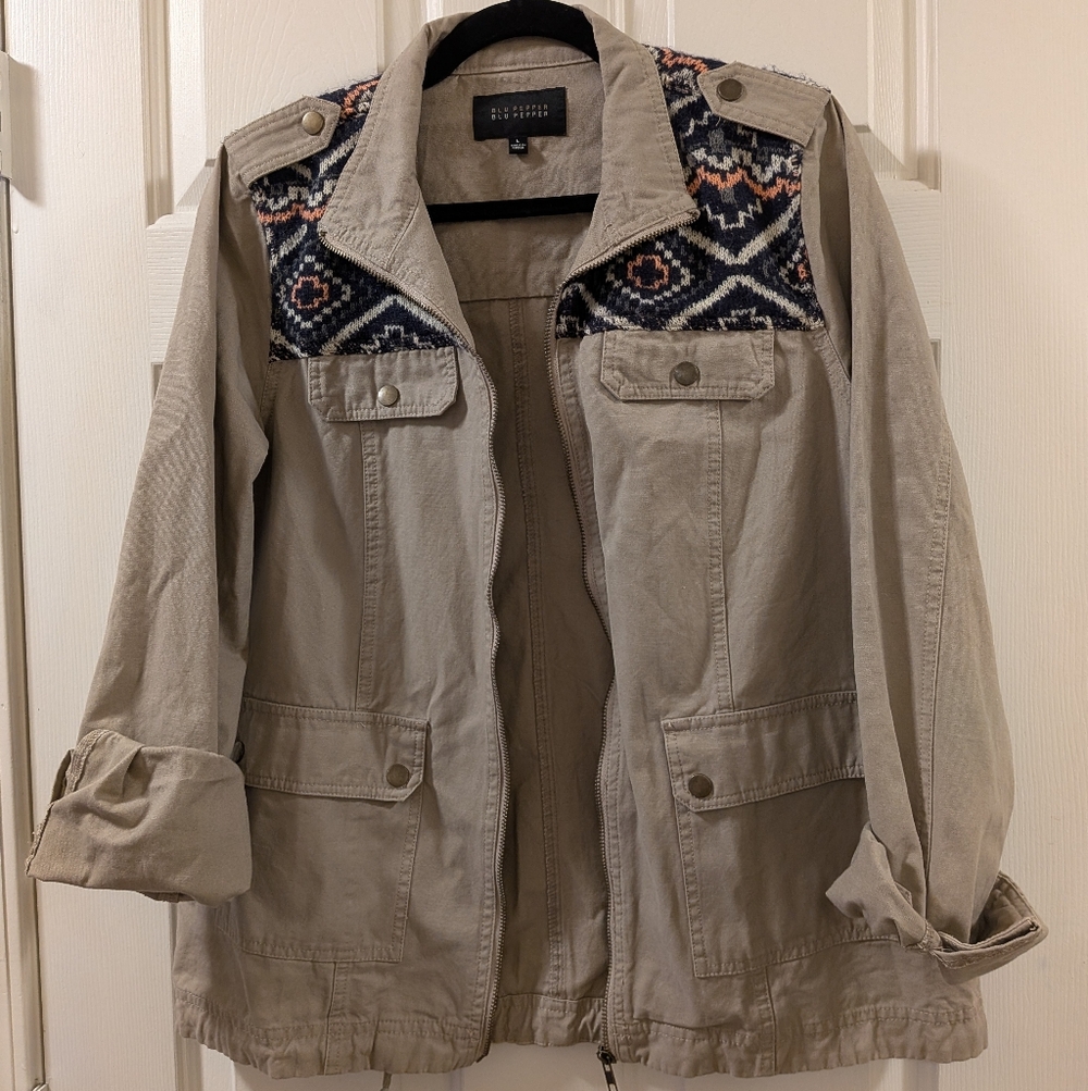Blu Pepper Beige Utility Jacket with Embroidered Shoulders